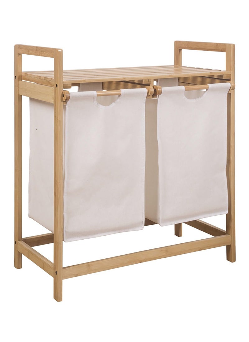 XiuWoo Bamboo Laundry Hamper with Shelf, 2 Section Wooden Laundry Basket with Sliding Removable Bags, Freestanding Laundry Sorter for Bathroom Bedroom Living Room Laundry Room, Grey Pull-Out Bags  - Image 1