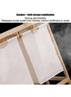 XiuWoo Bamboo Laundry Hamper with Shelf, 2 Section Wooden Laundry Basket with Sliding Removable Bags, Freestanding Laundry Sorter for Bathroom Bedroom Living Room Laundry Room, Grey Pull-Out Bags  - Image 2