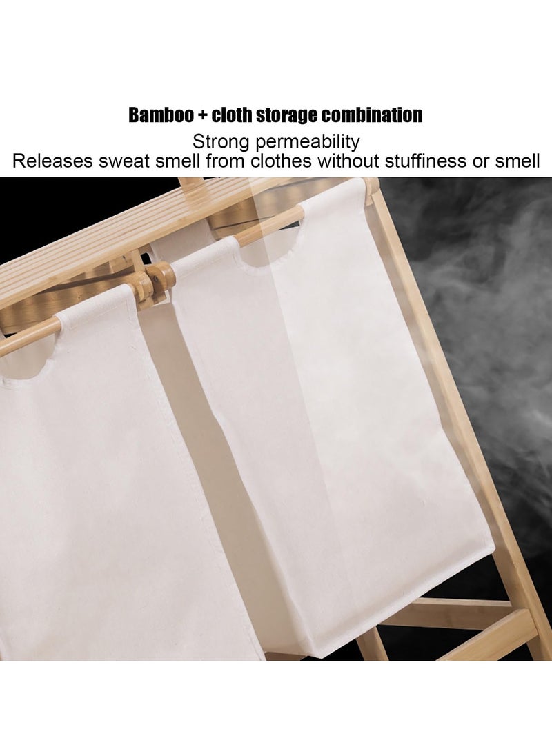 XiuWoo Bamboo Laundry Hamper with Shelf, 2 Section Wooden Laundry Basket with Sliding Removable Bags, Freestanding Laundry Sorter for Bathroom Bedroom Living Room Laundry Room, Grey Pull-Out Bags  - Image 2