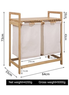 XiuWoo Bamboo Laundry Hamper with Shelf, 2 Section Wooden Laundry Basket with Sliding Removable Bags, Freestanding Laundry Sorter for Bathroom Bedroom Living Room Laundry Room, Grey Pull-Out Bags  - Image 3