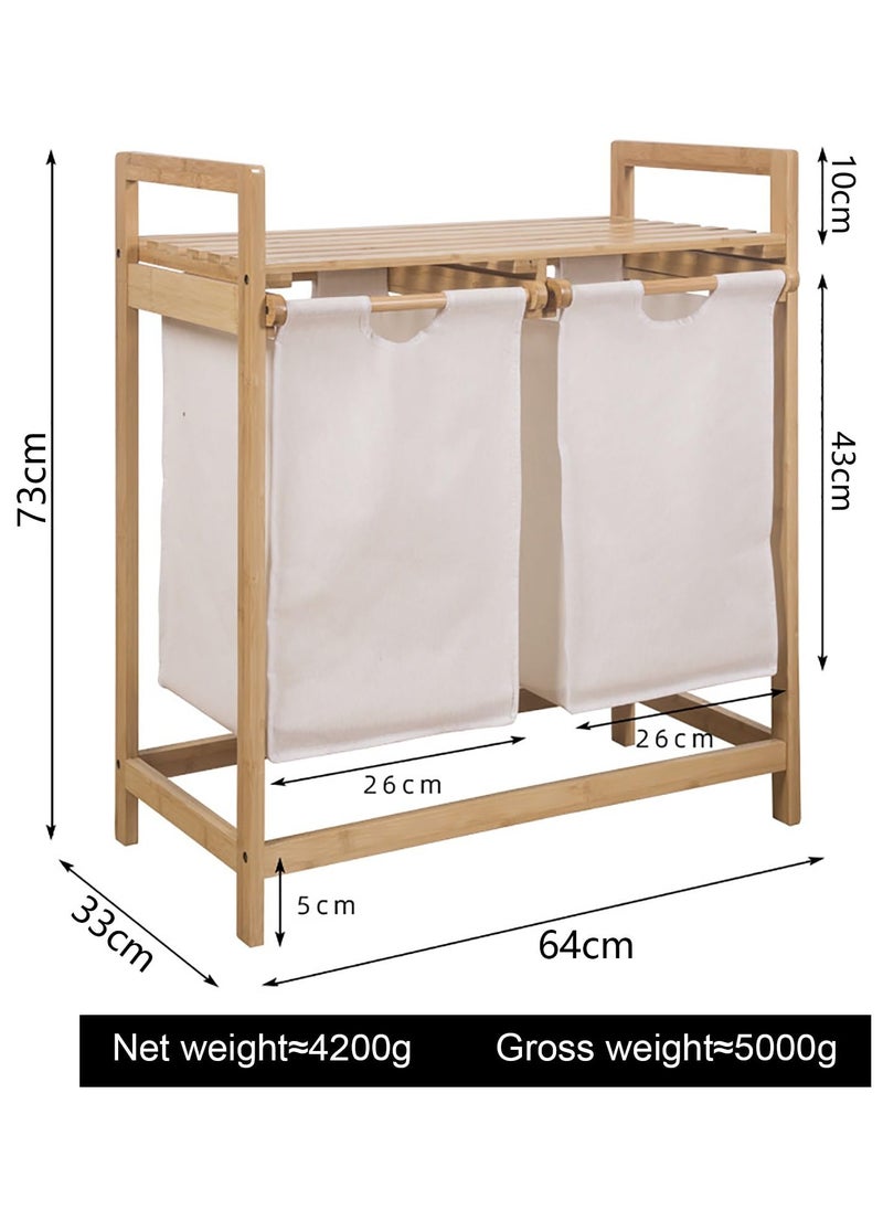 XiuWoo Bamboo Laundry Hamper with Shelf, 2 Section Wooden Laundry Basket with Sliding Removable Bags, Freestanding Laundry Sorter for Bathroom Bedroom Living Room Laundry Room, Grey Pull-Out Bags  - Image 3