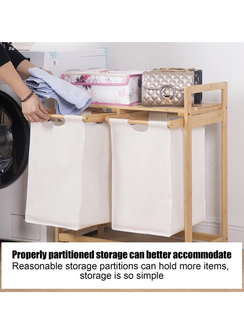 XiuWoo Bamboo Laundry Hamper with Shelf, 2 Section Wooden Laundry Basket with Sliding Removable Bags, Freestanding Laundry Sorter for Bathroom Bedroom Living Room Laundry Room, Grey Pull-Out Bags  - Image 5