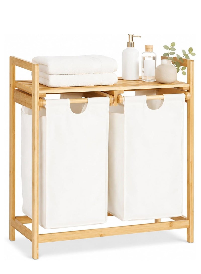 XiuWoo Bamboo Laundry Hamper with Shelf, 2-Section Laundry Sorter Organizer with Sliding Removable Bags, Freestanding Wooden Clothes Hamper for Bathroom Bedroom Laundry Room and Small Space Storage - Image 1