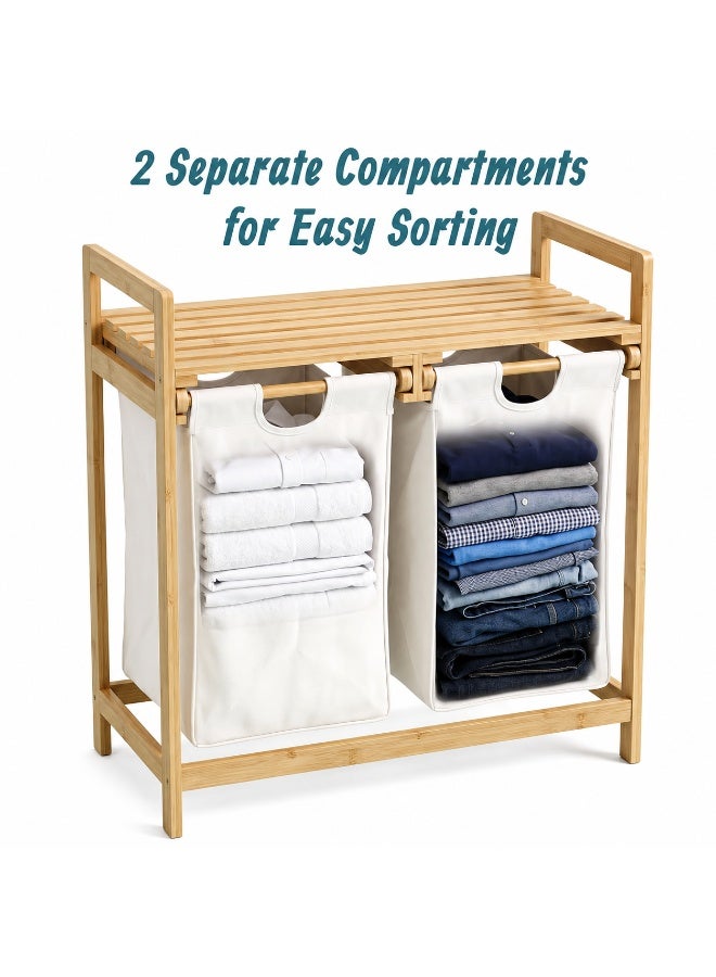 XiuWoo Bamboo Laundry Hamper with Shelf, 2-Section Laundry Sorter Organizer with Sliding Removable Bags, Freestanding Wooden Clothes Hamper for Bathroom Bedroom Laundry Room and Small Space Storage - Image 2