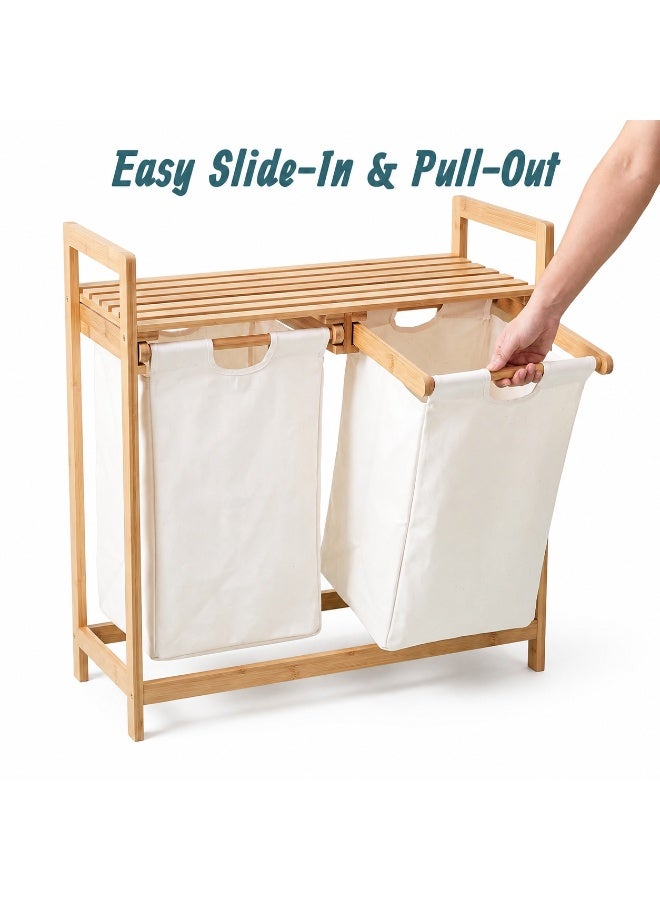 XiuWoo Bamboo Laundry Hamper with Shelf, 2-Section Laundry Sorter Organizer with Sliding Removable Bags, Freestanding Wooden Clothes Hamper for Bathroom Bedroom Laundry Room and Small Space Storage - Image 3