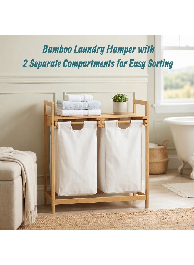 XiuWoo Bamboo Laundry Hamper with Shelf, 2-Section Laundry Sorter Organizer with Sliding Removable Bags, Freestanding Wooden Clothes Hamper for Bathroom Bedroom Laundry Room and Small Space Storage - Image 4