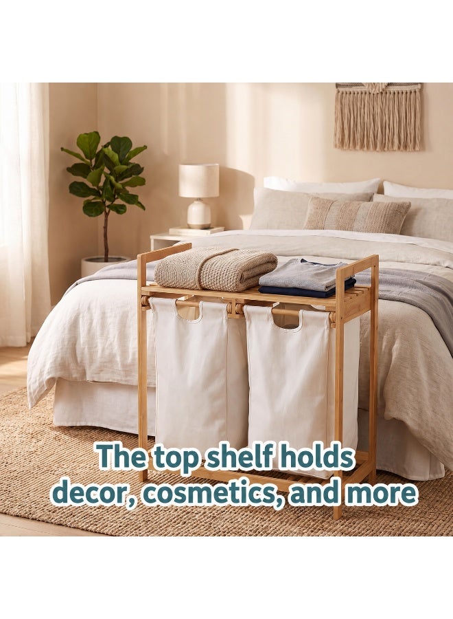 XiuWoo Bamboo Laundry Hamper with Shelf, 2-Section Laundry Sorter Organizer with Sliding Removable Bags, Freestanding Wooden Clothes Hamper for Bathroom Bedroom Laundry Room and Small Space Storage - Image 5