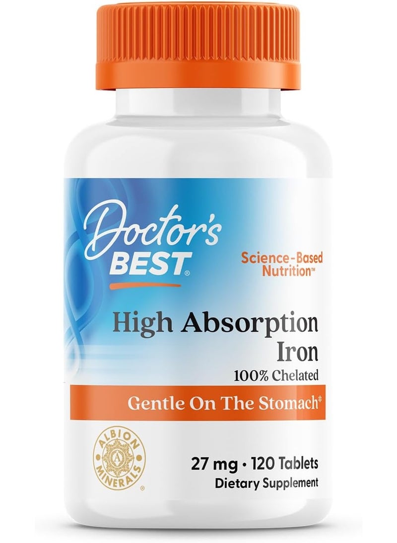 Doctor's BEST High Absorption Iron Chelated with Ferrochel – 27mg, 120 Tablets, Vegan, Non-GMO, Gluten-Free Supplement - Image 1