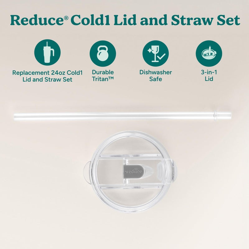 REDUCE brand Cold1 Tumblers or Mugs 20-24oz mouth Replacement Lid (3.5 inch diameter) and Straw (10.6 inch) set, Clear, BPA Free, Dishwasher safe, Durable, Reusable, Spill Proof Lid, Medium - Image 2