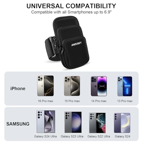 NITMTYOU 3 Pockets Running Phone Armband Holder for iPhone 16 15 14 Pro Max 13 Plus 12 11 XS XR X 8 7 Galaxy S23 Pouch Key Card Bag, Water Resistant Cell Phone Sport Arm Bands for Exercise Walking Workout Gym - Image 3