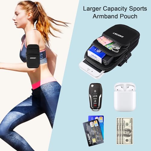 NITMTYOU 3 Pockets Running Phone Armband Holder for iPhone 16 15 14 Pro Max 13 Plus 12 11 XS XR X 8 7 Galaxy S23 Pouch Key Card Bag, Water Resistant Cell Phone Sport Arm Bands for Exercise Walking Workout Gym - Image 2