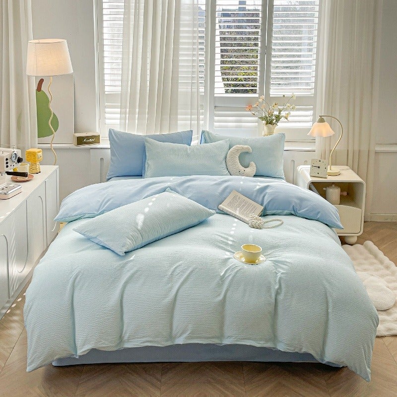 4pcs Ultra Soft Seersucker Bedding (1 Duvet Cover + 1 Bed Sheet + 2 Pillowcases) - Suitable for Bedroom, Dormitory, Guest Room, All Seasons, Easy Care - Image 4