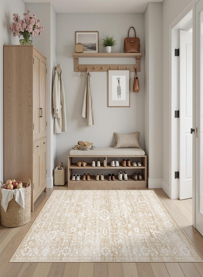 Soalmost Area Rugs 4x6 for Living Room, Stain Resistant Neutral Washable Rugs for Dining Room, Kitchen, Floral Vintage Non-Slip Area Rug Farmhouse 4x6 Beige Rug - Image 1