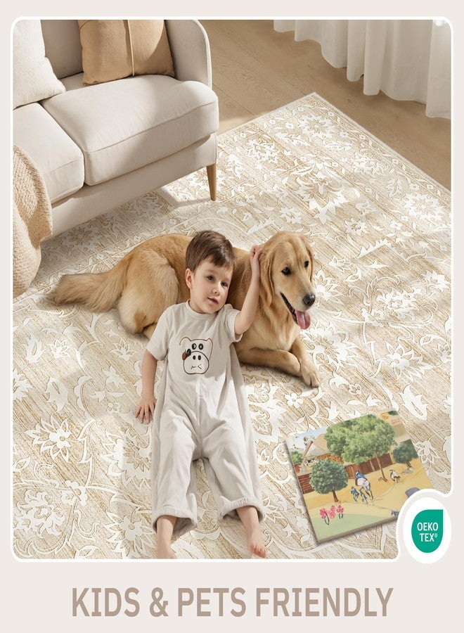 Soalmost Area Rugs 4x6 for Living Room, Stain Resistant Neutral Washable Rugs for Dining Room, Kitchen, Floral Vintage Non-Slip Area Rug Farmhouse 4x6 Beige Rug - Image 3