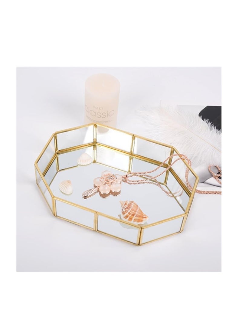 Excefore صينية مرآة ذهبية، صينية زجاجية لتزيين، صينية عطور، صينية مكياج، صينية زخرفية لتزيين، صينية زخرفية منزلية، صينية تخزين للحمام، لرفوف غرفة النوم والحمام والفندق، 30x20x5.5 سم - Image 3