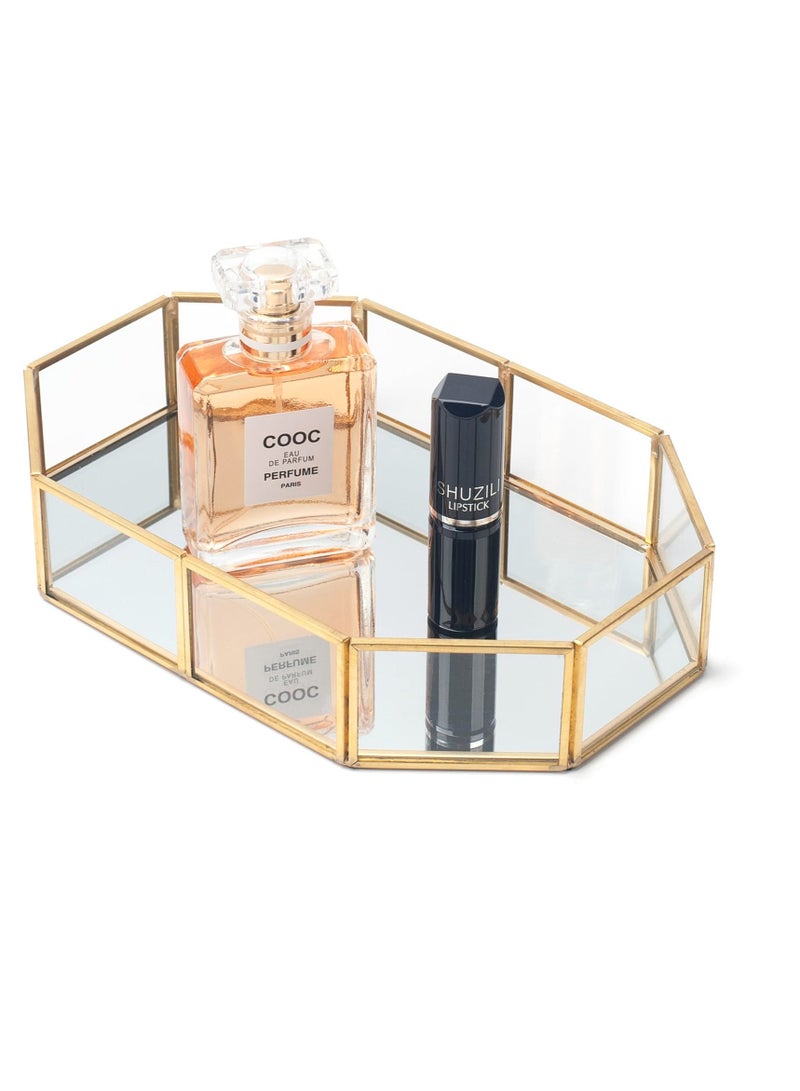 Excefore صينية مرآة ذهبية، صينية زجاجية لتزيين، صينية عطور، صينية مكياج، صينية زخرفية لتزيين، صينية زخرفية منزلية، صينية تخزين للحمام، لرفوف غرفة النوم والحمام والفندق، 30x20x5.5 سم - Image 1