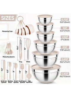 E-far E-far 25PCS Mixing Bowls with Lid Set, Stainless Steel Nesting Prep Bowls with Grater Attachments Kitchen Gadgets Non-Slip Bottoms for Cooking, Serving, Food Storage, 4.6/2.6/2/1.5/1/0.7QT - Khaki  - Image 2