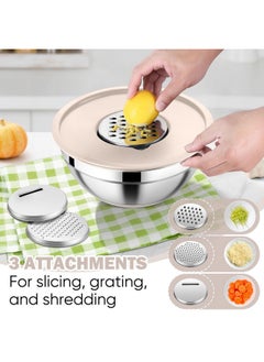 E-far E-far 25PCS Mixing Bowls with Lid Set, Stainless Steel Nesting Prep Bowls with Grater Attachments Kitchen Gadgets Non-Slip Bottoms for Cooking, Serving, Food Storage, 4.6/2.6/2/1.5/1/0.7QT - Khaki  - Image 3