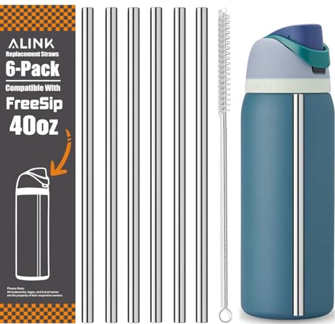 ALINK Stainless Steel Straws for 40oz Owala FreeSip Insulated Water Bottle, 6 Pack Reusable Metal Replacement Straws Compatible With 40oz Owala Freesip Cup Lid Only, Plus Straw Brush, Dishwasher Safe