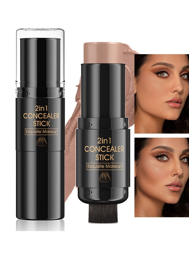 HelloKiss Concealer Stick，2 In 1 Highlighter Makeup Stick with Built-In Brush, Glow Highlighter Stick Makeup for Face and Body, Long Lasting, Waterproof, Matte #04 - Image 1