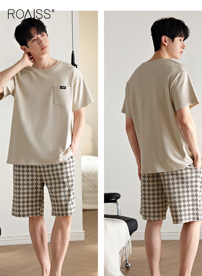 رويس طقم بيجامة رجالي صيفي برقبة دائرية قابلة للتنفس، فضفاض بمقاس كبير، شورت بأكمام قصيرة، ملابس نوم مريحة غير رسمية بخصر مطاطي مع جيوب - Image 5