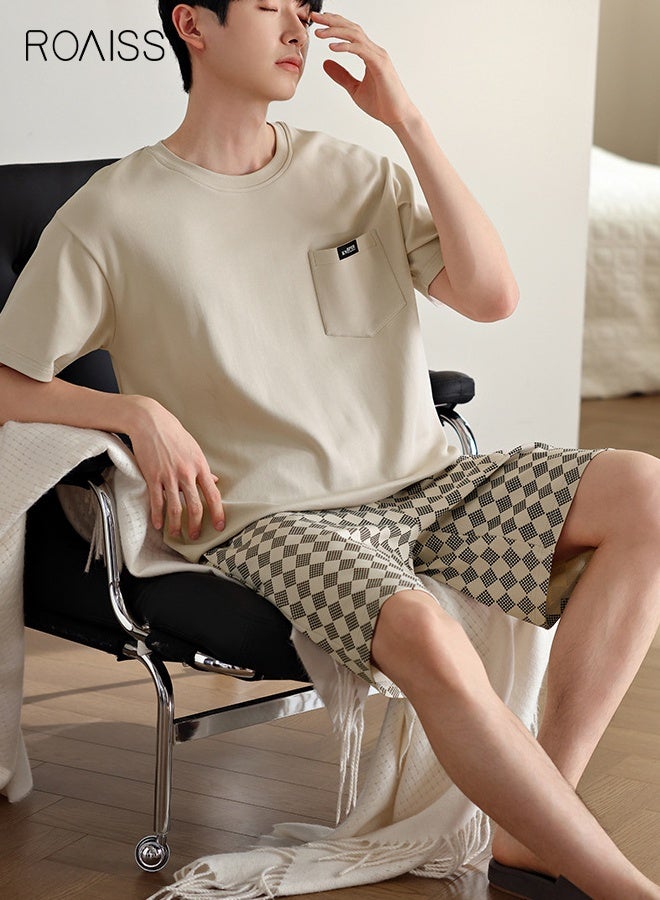 رويس طقم بيجامة رجالي صيفي برقبة دائرية قابلة للتنفس، فضفاض بمقاس كبير، شورت بأكمام قصيرة، ملابس نوم مريحة غير رسمية بخصر مطاطي مع جيوب - Image 1