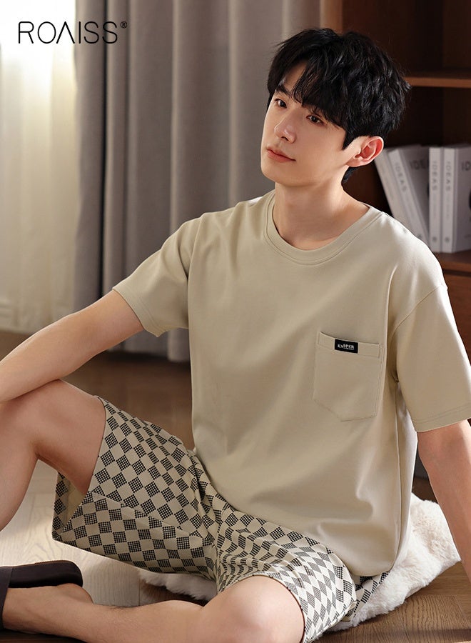 رويس طقم بيجامة رجالي صيفي برقبة دائرية قابلة للتنفس، فضفاض بمقاس كبير، شورت بأكمام قصيرة، ملابس نوم مريحة غير رسمية بخصر مطاطي مع جيوب - Image 2