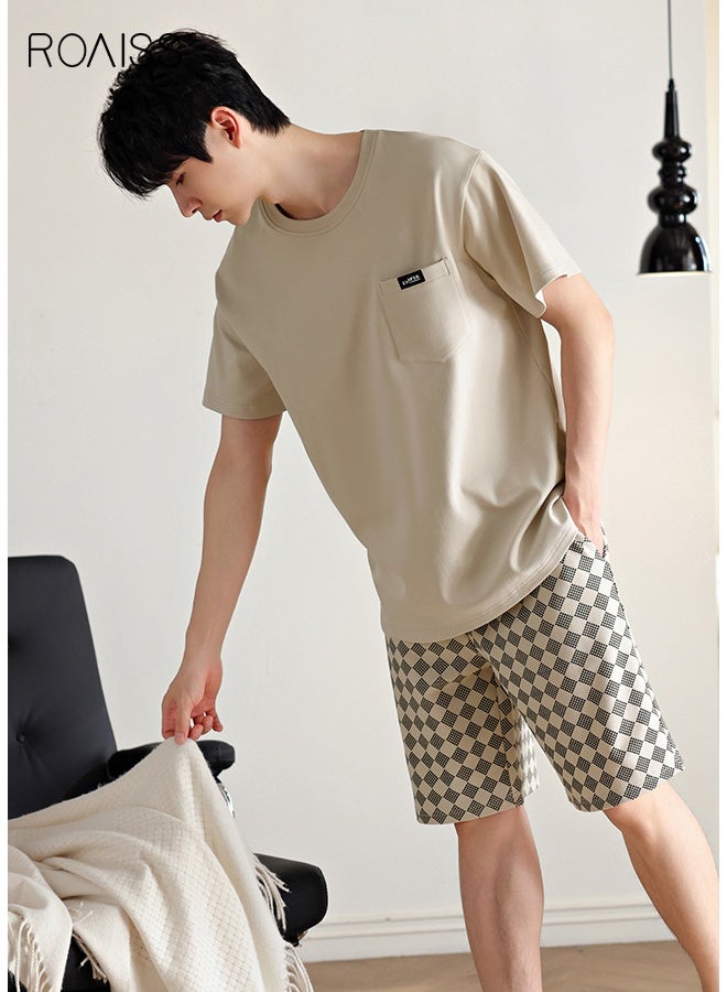 رويس طقم بيجامة رجالي صيفي برقبة دائرية قابلة للتنفس، فضفاض بمقاس كبير، شورت بأكمام قصيرة، ملابس نوم مريحة غير رسمية بخصر مطاطي مع جيوب - Image 3