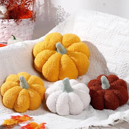 Kajaia 4 Pcs Fall Decor Thanksgiving Pumpkin Throw Pillow Fall Pillow 11 Inches 7 Inches 3D Cushion Thanksgiving Sherpa Plush Fluffy Stuffed for Autumn Christmas Home SofaWhite Yellow Brown Pink - Image 1