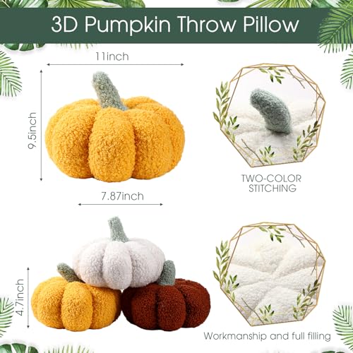 Kajaia 4 Pcs Fall Decor Thanksgiving Pumpkin Throw Pillow Fall Pillow 11 Inches 7 Inches 3D Cushion Thanksgiving Sherpa Plush Fluffy Stuffed for Autumn Christmas Home SofaWhite Yellow Brown Pink - Image 3