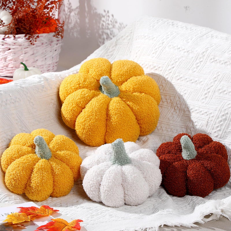 Kajaia 4 Pcs Fall Decor Thanksgiving Pumpkin Throw Pillow Fall Pillow 11 Inches 7 Inches 3D Cushion Thanksgiving Sherpa Plush Fluffy Stuffed for Autumn Christmas Home SofaWhite Yellow Brown Pink - Image 2