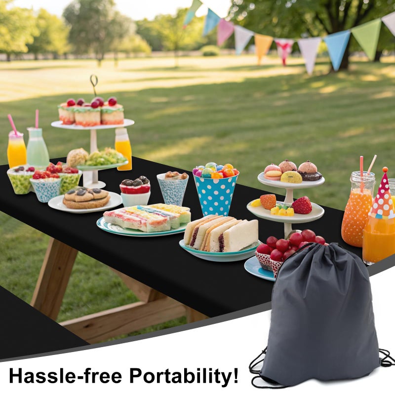 Smiry Picnic Table Cover with Bench Covers, Waterproof Elastic Fitted Polyester Tablecloths for 6 Ft Rectangle Tables, Washable Windproof Tablecloth for Camping, RV & Outdoor (Black, 30x72 Inches) - Image 4