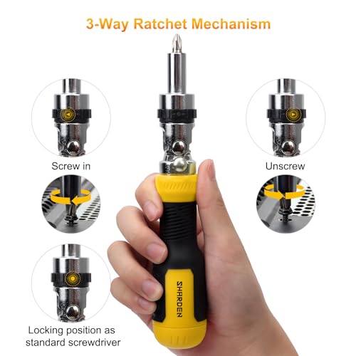 SHARDEN Ratcheting Multi Bit Screwdriver - 13-in-1 Tool Set, Flat Head/Square/Torx/Hex/Phillips, 180 Degree Pivoting Adjustable Angle Magnetic Screwdriver - Image 4