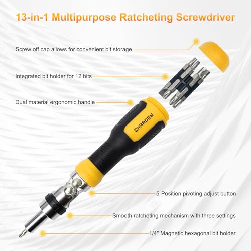 SHARDEN Ratcheting Multi Bit Screwdriver - 13-in-1 Tool Set, Flat Head/Square/Torx/Hex/Phillips, 180 Degree Pivoting Adjustable Angle Magnetic Screwdriver - Image 5