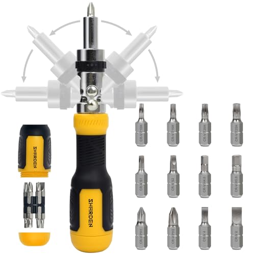 SHARDEN Ratcheting Multi Bit Screwdriver - 13-in-1 Tool Set, Flat Head/Square/Torx/Hex/Phillips, 180 Degree Pivoting Adjustable Angle Magnetic Screwdriver - Image 1