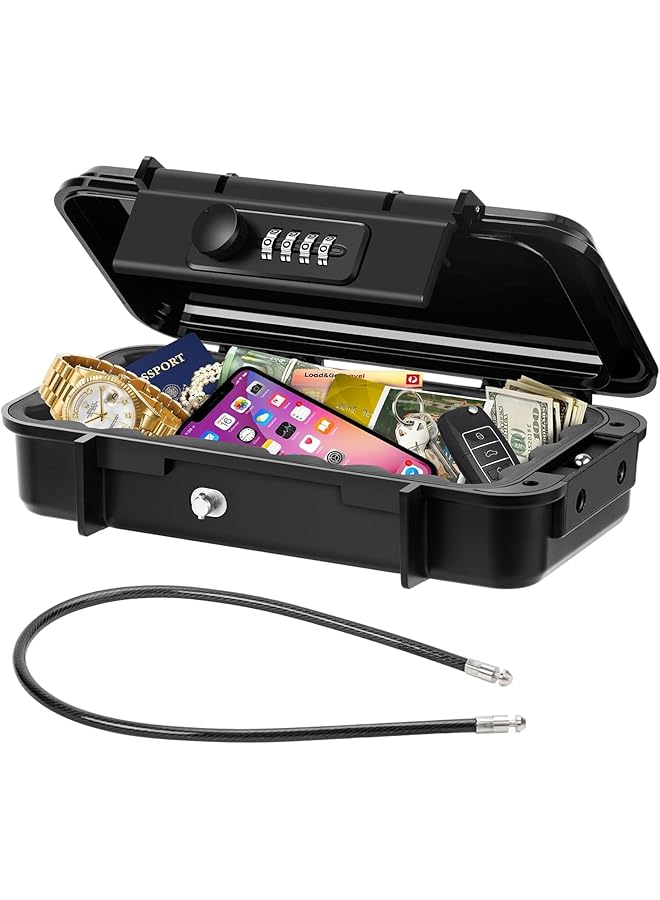 إيروريكس صندوق أمان آمن محمول مضاد للسرقة ومقاوم للماء ومناسب للسفر على الشاطئ مع حبل سلكي قابل للفصل وصندوق قفل محمول مناسب للمهاجع والفنادق والمكاتب والسيارات باللون الأسود - Image 1