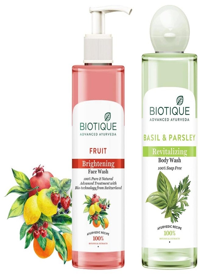 Biotique Fruit Brightning Face Wash, 200ml & Biotique Basil & Parsley Revitalizing Body Wash, 200ml - Image 1