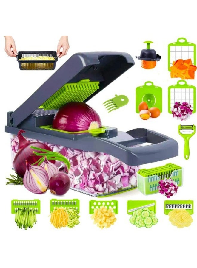 16 in 1 Multifunctional Vegetable Chopper, Dicer Slicer Grater with Stainless Steel Blades, Onion & Potato Cutter, Built-in Drain Basket & Storage Container, Household Kitchen Prep Tool, Ideal for Arabic Salad & Kabsa Cooking - Image 1