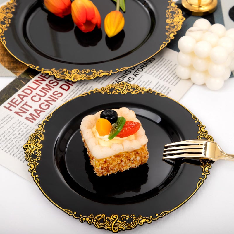 Joyido 102PCS Black and Gold Plastic Plates - Black Disposable Plates - Heavyweight Disposable Plate with Gold Rim - Fancy Dinner & Dessert Plate for 51 Guests Weddings & Parties - Image 4
