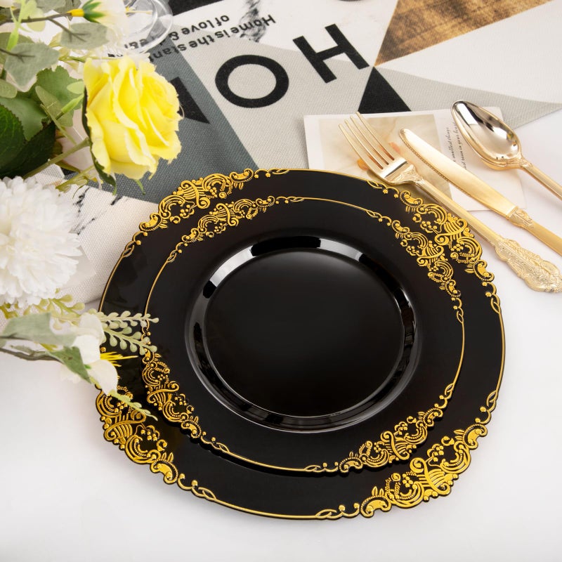 Joyido 102PCS Black and Gold Plastic Plates - Black Disposable Plates - Heavyweight Disposable Plate with Gold Rim - Fancy Dinner & Dessert Plate for 51 Guests Weddings & Parties - Image 2