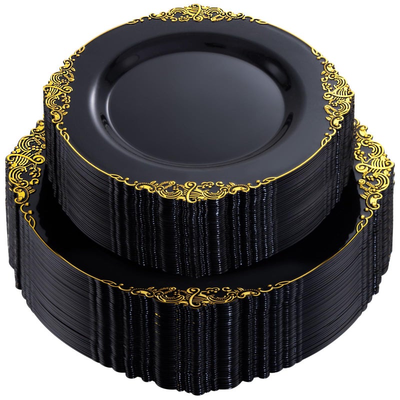 Joyido 102PCS Black and Gold Plastic Plates - Black Disposable Plates - Heavyweight Disposable Plate with Gold Rim - Fancy Dinner & Dessert Plate for 51 Guests Weddings & Parties - Image 1