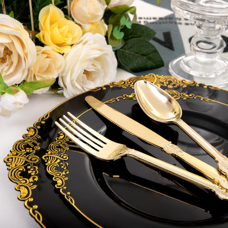 Joyido 102PCS Black and Gold Plastic Plates - Black Disposable Plates - Heavyweight Disposable Plate with Gold Rim - Fancy Dinner & Dessert Plate for 51 Guests Weddings & Parties - Image 3