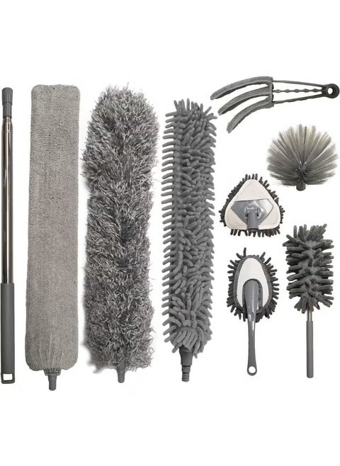 9 in 1 home microfiber duster set, high reach duster kit with 100-inch extension, bendable and washable, for cleaning ceiling fans, crevices, furniture and cars