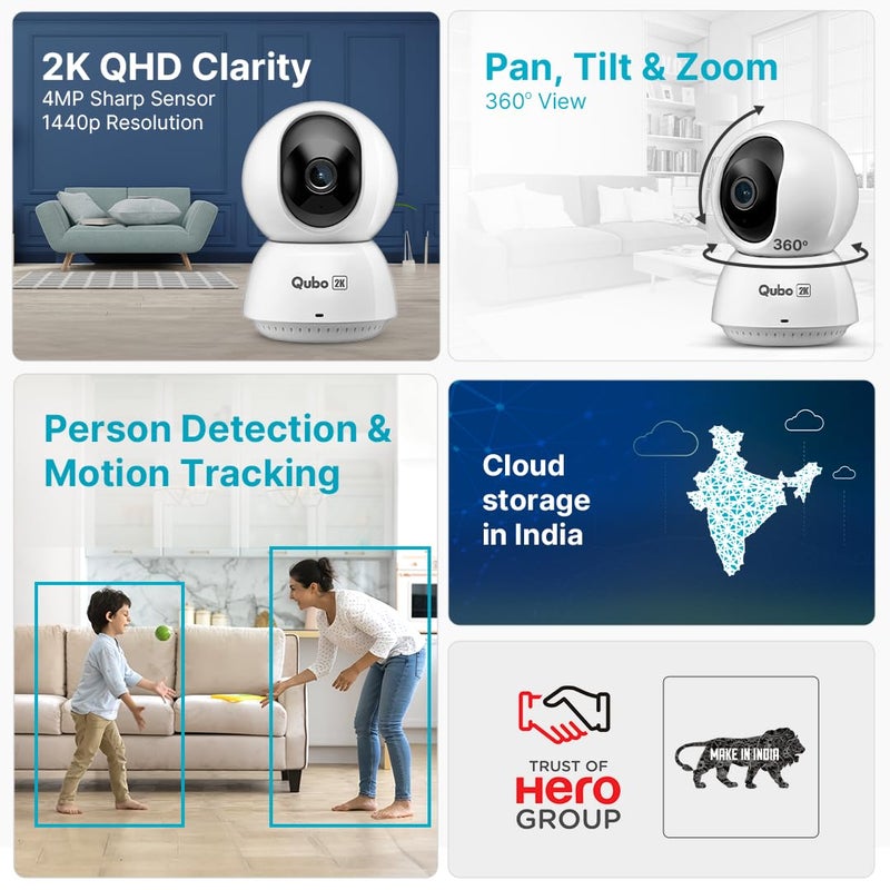 Qubo Smart 360 Ultra 2K 4MP 1440p WiFi CCTV Security Camera for Home from Hero Group Mobile App Two Way Talk Night Vision Cloud SD Card Recording Made in India Alexa OK Google - Image 2