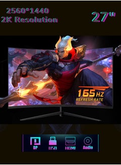 HILUKE 27-inch Curved Gaming Monitor 16:9 2560x1440 165Hz 1ms Frameless LED Gaming Monitor, AMD Freesync Premium Display Port HDMI/DP Black  - Image 2