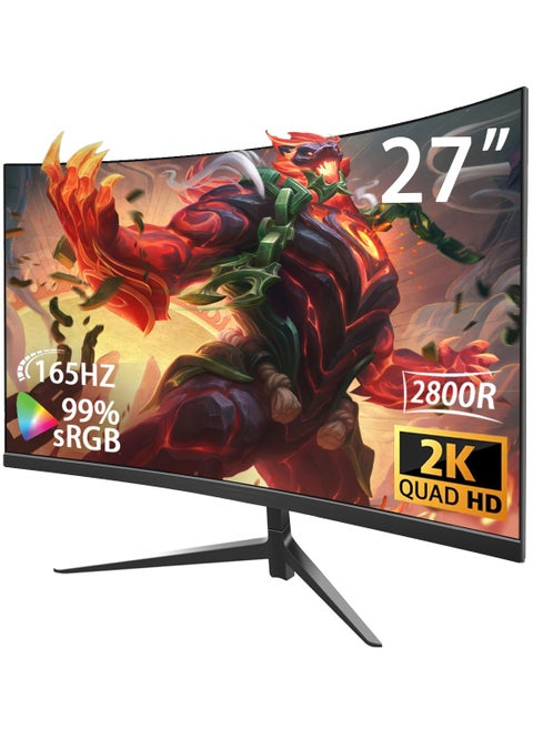 27-inch Curved Gaming Monitor 16:9 2560x1440 165Hz 1ms Frameless LED Gaming Monitor, AMD Freesync Premium Display Port HDMI/DP Black