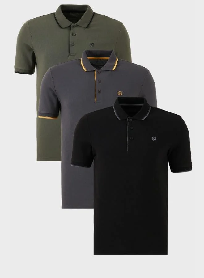 Buratti Buratti Cotton Slim Fit Stripe Detailed Buttoned Polo Collar 3-Pack T Shirt Men's T SHIRT 5902118S3