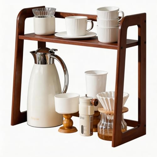 XIKEMADI Natural Bamboo Coffee Station Organizer, 2-Tier Wooden Kitchen Counter Shelf for Bar Accessories, Multi-Functional Countertop Storage Rack for Syrup Bottles & Coffee Essentials (Dark Brown) - Image 1