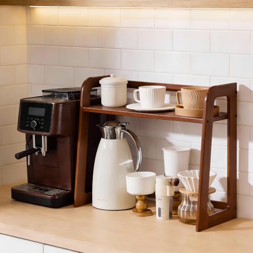 XIKEMADI Natural Bamboo Coffee Station Organizer, 2-Tier Wooden Kitchen Counter Shelf for Bar Accessories, Multi-Functional Countertop Storage Rack for Syrup Bottles & Coffee Essentials (Dark Brown) - Image 2