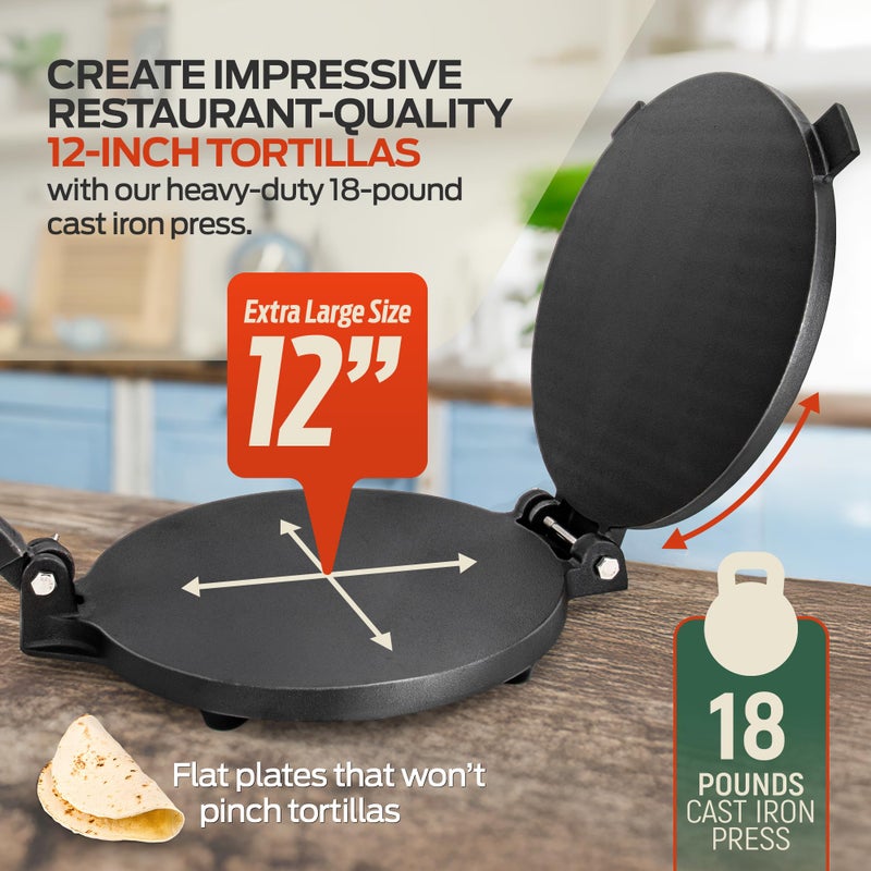 SIRCLES Tortilla Press 12 Inch Cast Iron - Extra Large, Heavy Duty 12 Inch Tortilla Press - Ebook Tortilla recipes - 5 Non-Slip Rubber Feet - Pre-Seasoned - Prensa Para Tortillas De 12 Pulgadas Grande - Image 2
